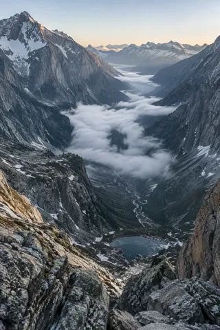 Steep granite valley with a small lake below, a winding stream, and low white clouds between mountain walls.
