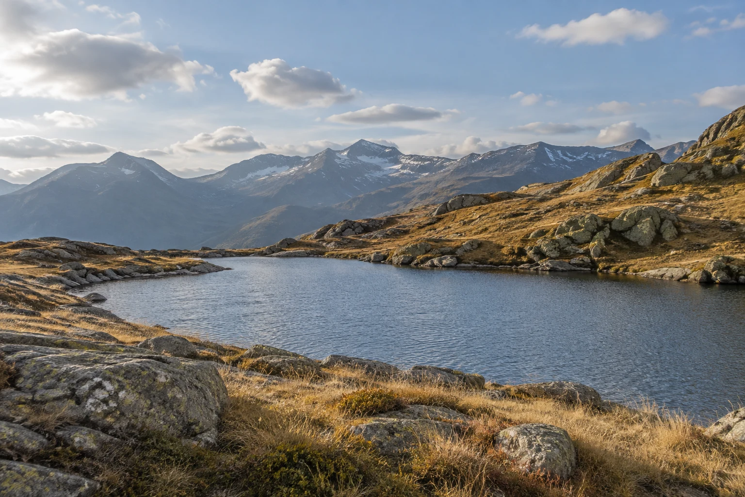 Small rippling mountain lake surrounded by golden grass and gray rocks under a pale blue sky.