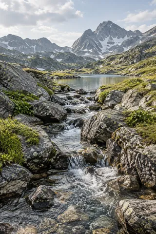 Clear mountain stream cascading between rough rocks with a small lake and snow-striped peaks beyond.