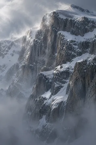 Vertical rocky cliff with snow-covered ledges, faint blowing snow and low mist.