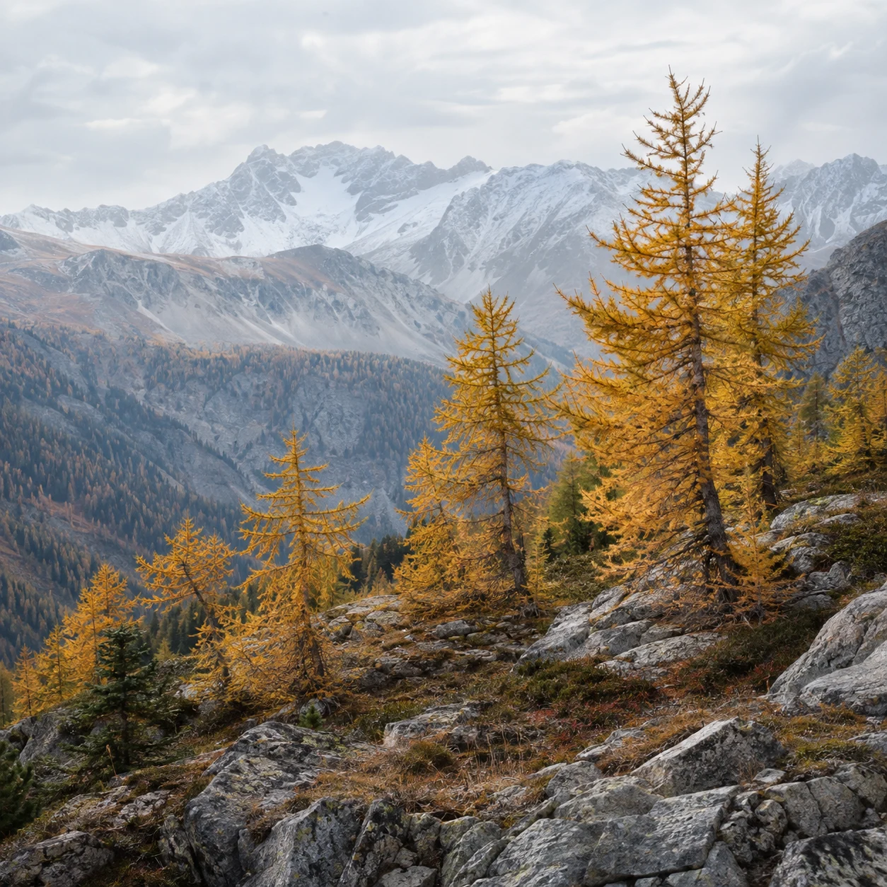 Irregular golden larch trees on a gray rocky slope with distant snowy ridges.