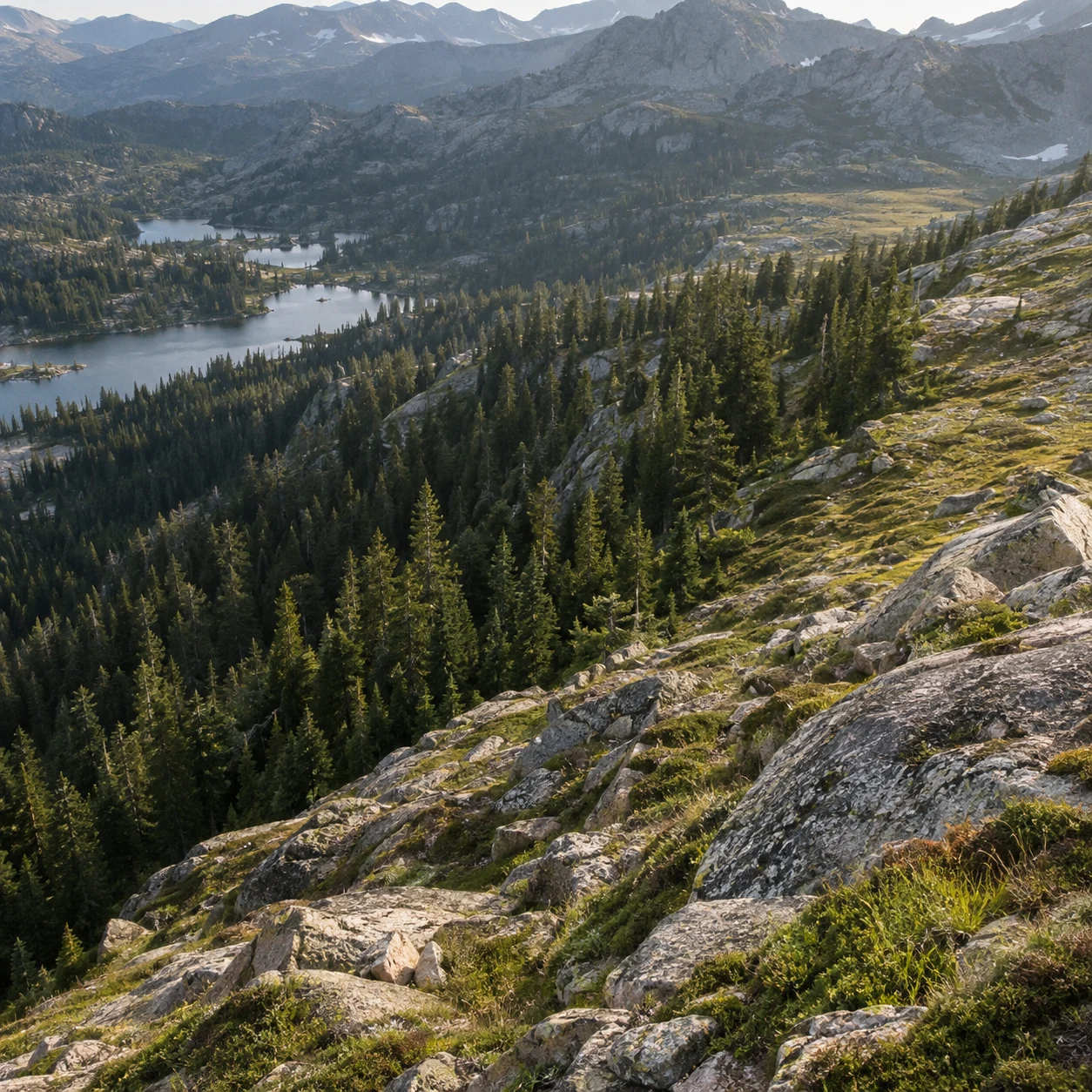 Elevated view of a rocky grassy slope meeting dark conifers with small lakes farther below.