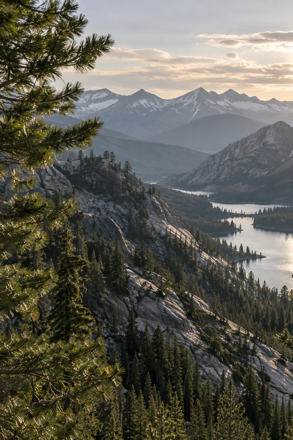 Close pine branches at left overlooking forested granite slopes, narrow lakes and distant snowy ridges.