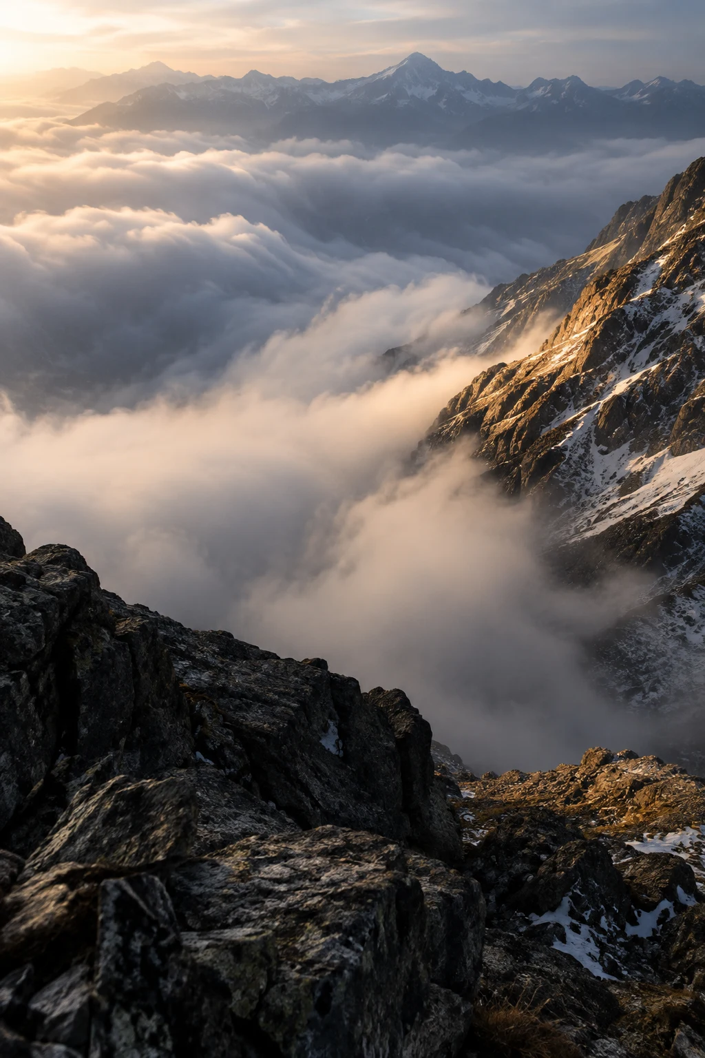 Portrait view down from dark rocks into billowing cloud beside a sunlit mountain wall.