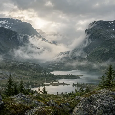 Clouded gap between dark green-gray mountain shoulders with small lakes and foreground conifers.