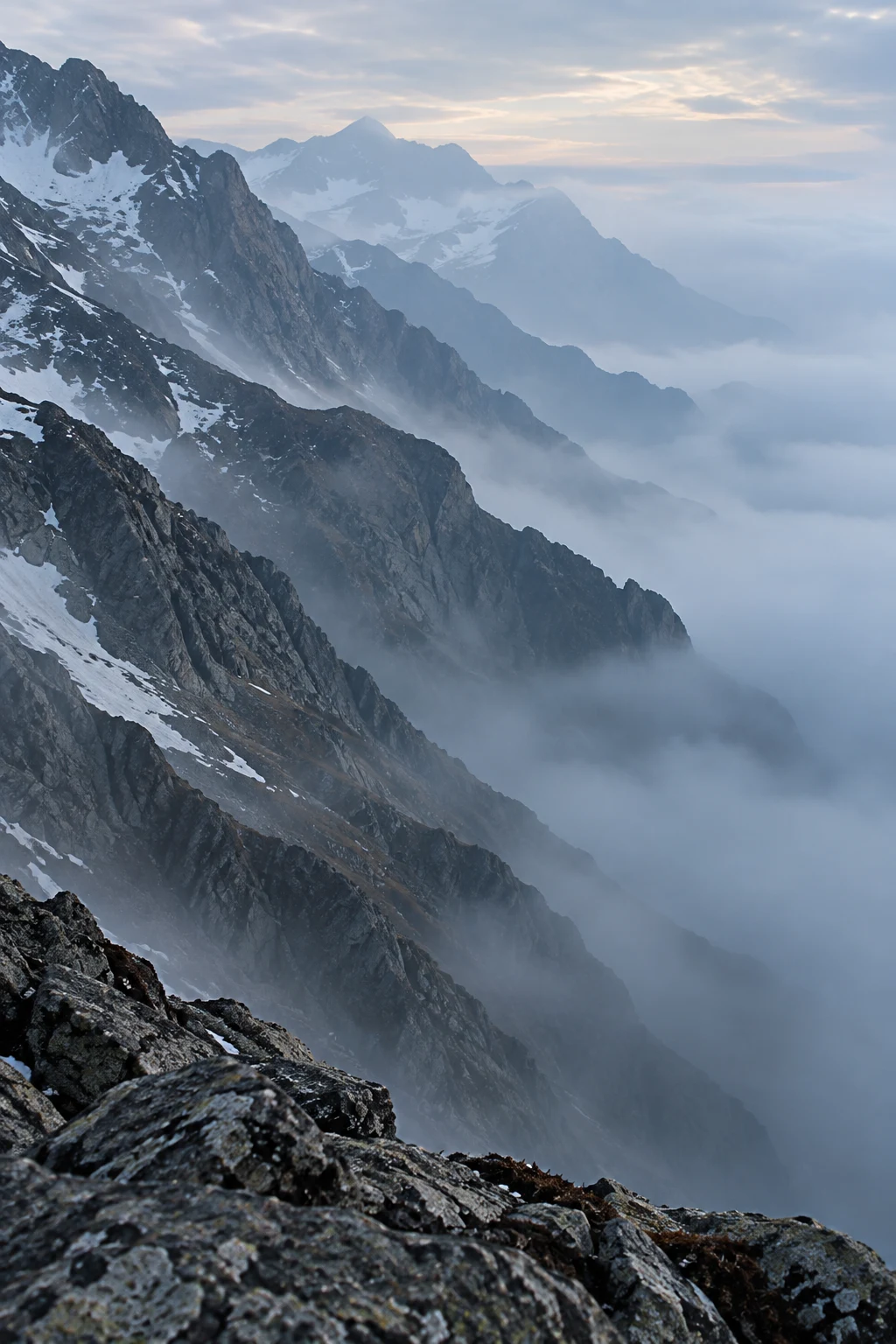 Portrait of jagged mountain ridges fading through blue fog above a close dark rock edge.