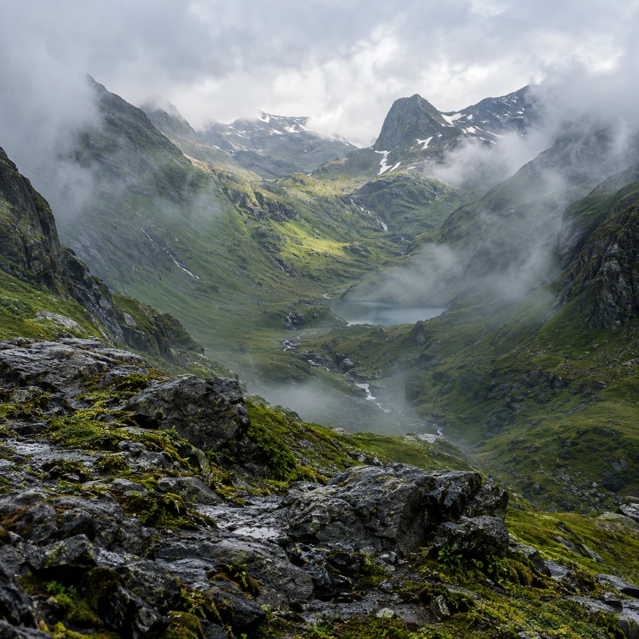 Wet mossy rocks overlooking a green mountain hollow with drifting mist and a small lake.