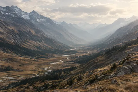 Wide mountain valley with scattered conifers and a winding river fading into pale distance.