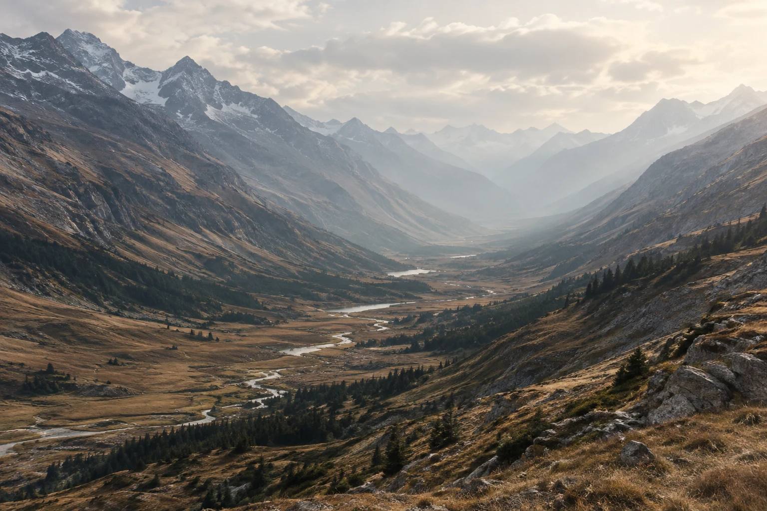 Wide mountain valley with scattered conifers and a winding river fading into pale distance.