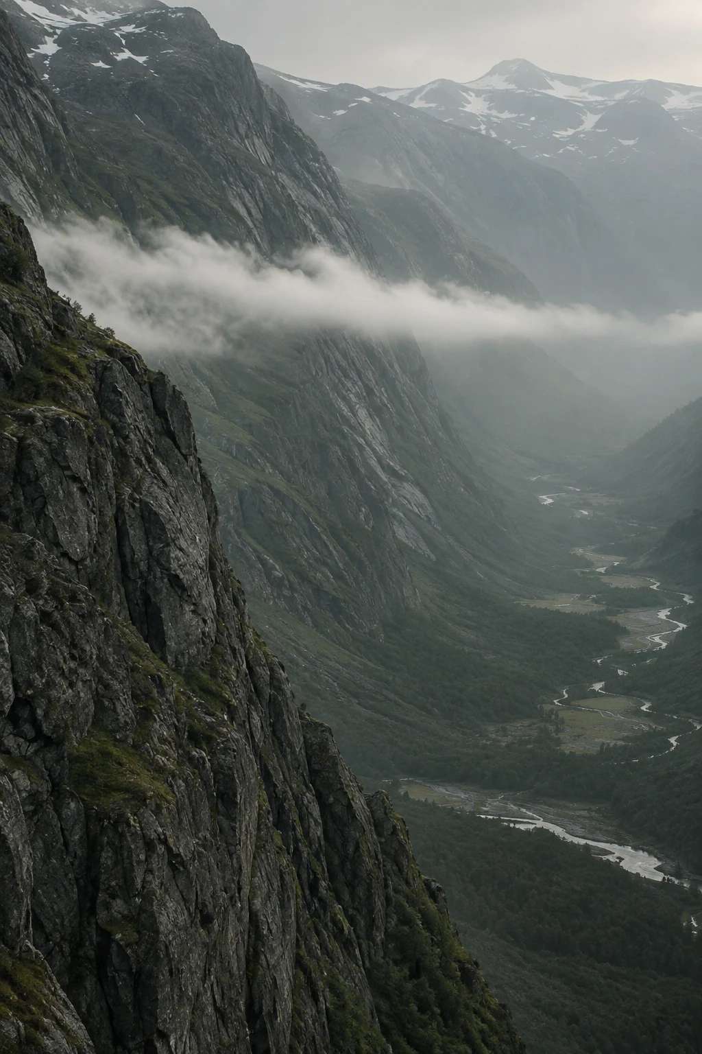 Tall dark mountain cliff beside a deep forested valley with a thin horizontal cloud ribbon.