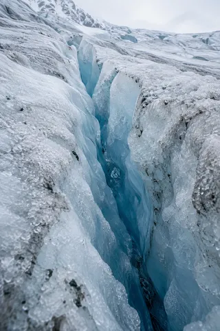 Close vertical crevice in pale glacier ice with a deep blue interior and scattered dark grit.