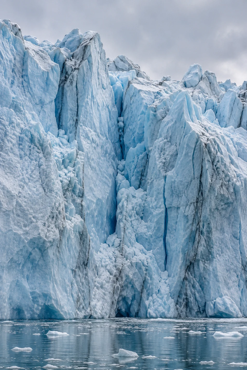 Tall rough glacier ice wall with irregular cracks and small floating ice pieces below.