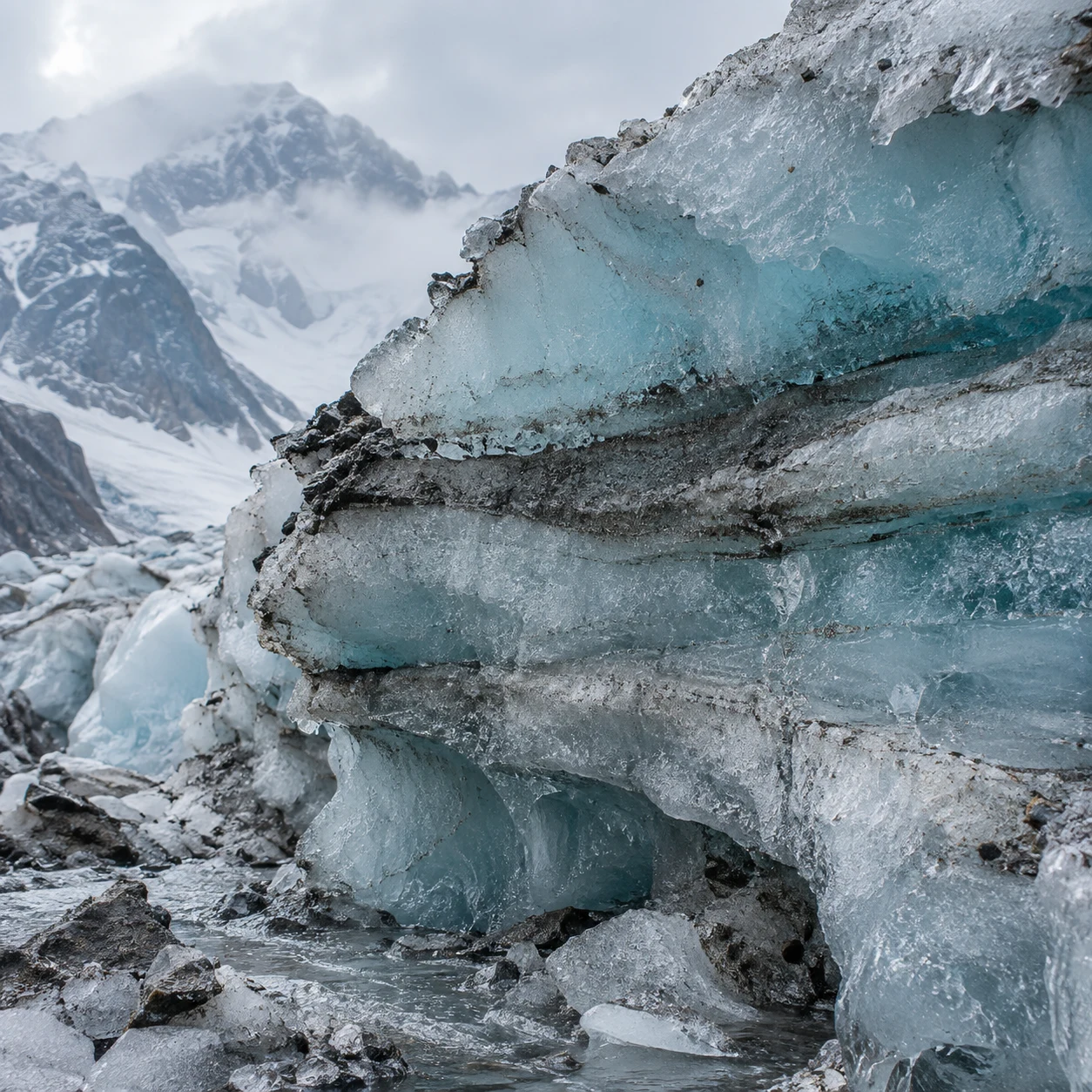 Close blue-white glacier ice cross-section with dark sediment layers and rough broken edges.