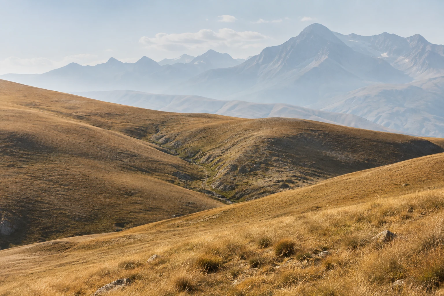 Rounded golden grass hills with a shallow diagonal gully and pale distant mountains.