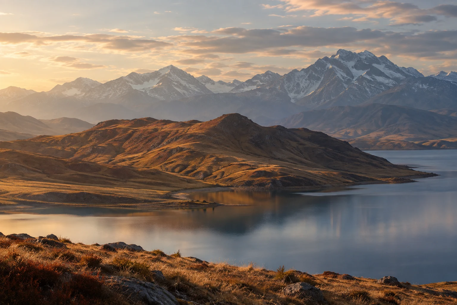 Warm brown foothill ridge beside blue water with distant snowy mountains in evening light.