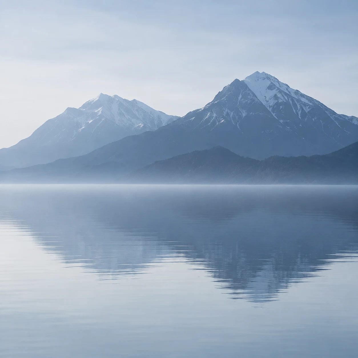 Two snow-lined blue peaks above a calm lake, with a narrow mist band and gently rippled reflections.