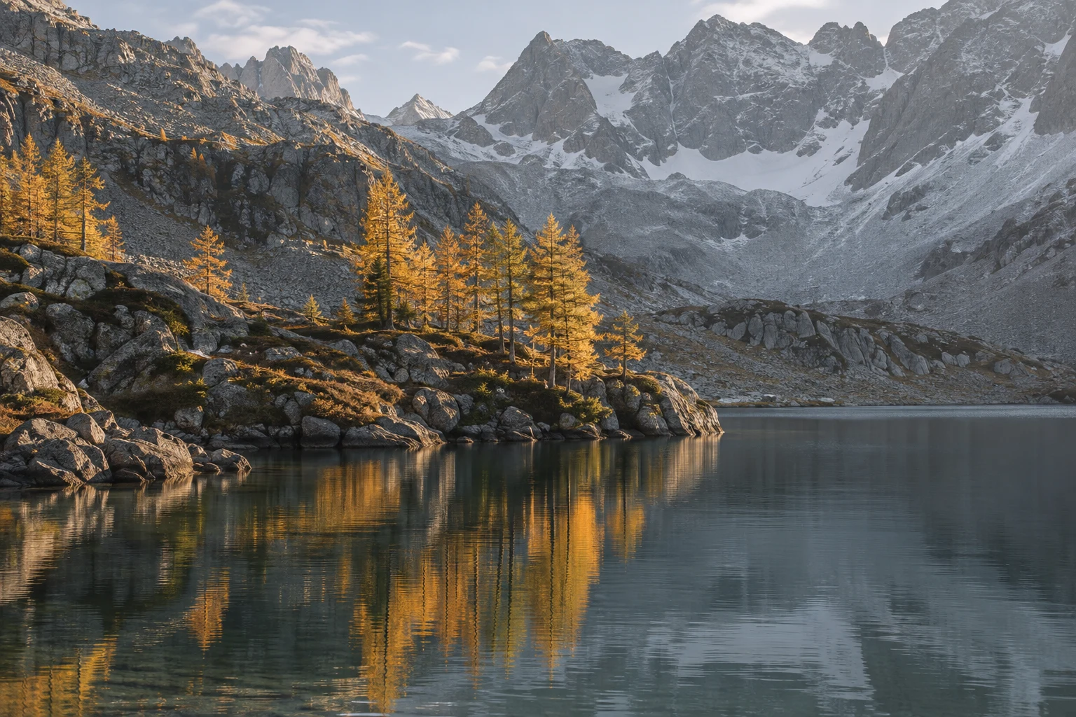 Sunlit gold larch trees on a rocky left peninsula reflected in dark water, backed by gray snow-lined mountains.