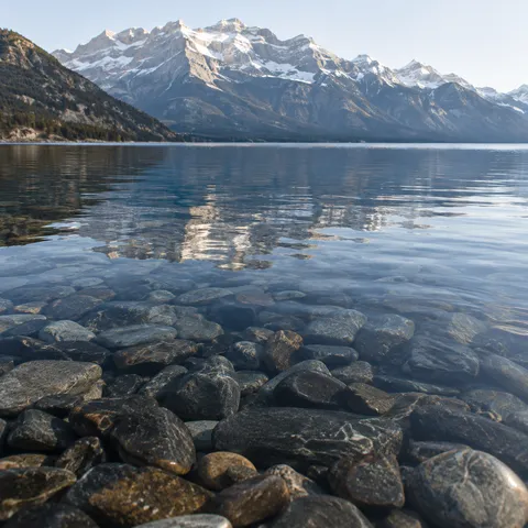 Rounded brown and gray pebbles under clear water before rippled mountain reflections and a distant snowy range.