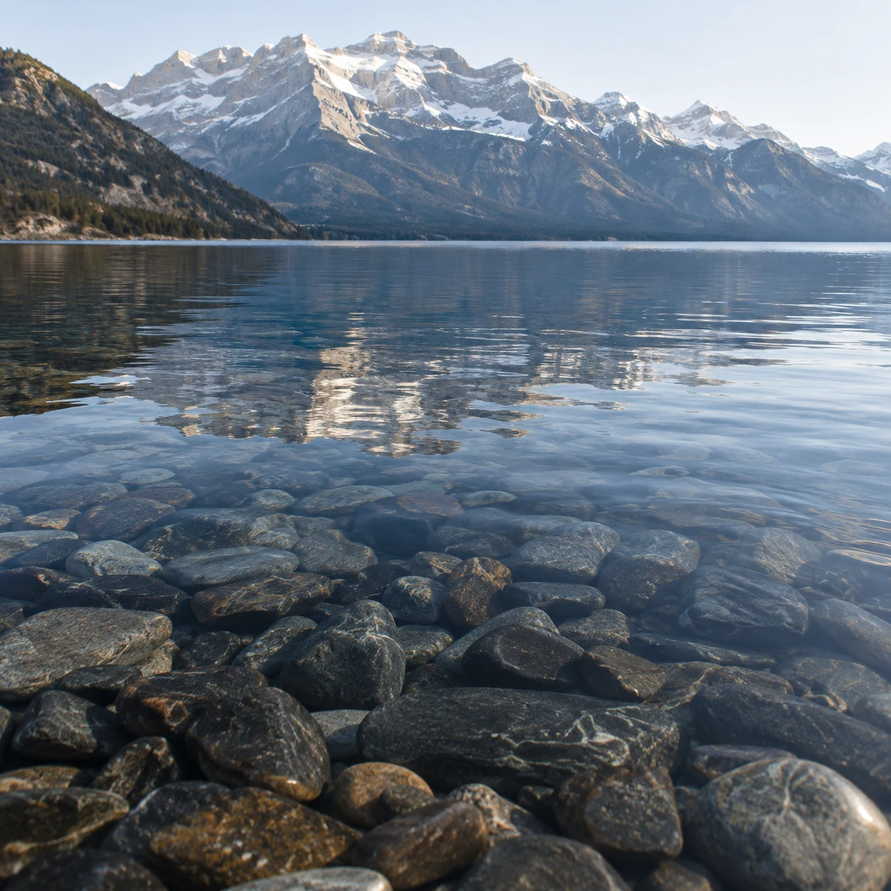 Rounded brown and gray pebbles under clear water before rippled mountain reflections and a distant snowy range.