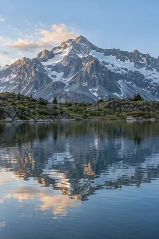 Portrait gray mountain with white snow gullies, small shore pines and blue lake reflections under a pale sky.