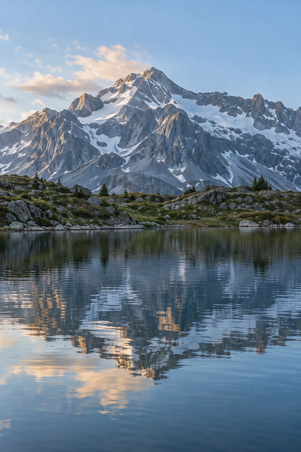 Portrait gray mountain with white snow gullies, small shore pines and blue lake reflections under a pale sky.
