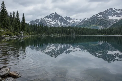Snowy mountains and a pine-lined lake reflected in calm water, with stronger ripples at the left foreground.