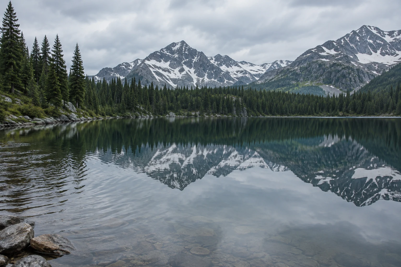 Snowy mountains and a pine-lined lake reflected in calm water, with stronger ripples at the left foreground.