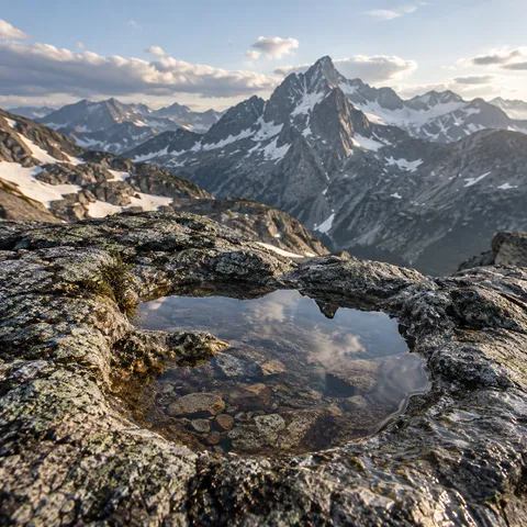 Rainwater pooled in an irregular lichen-covered stone hollow, with submerged gravel and a softly focused mountain range behind.