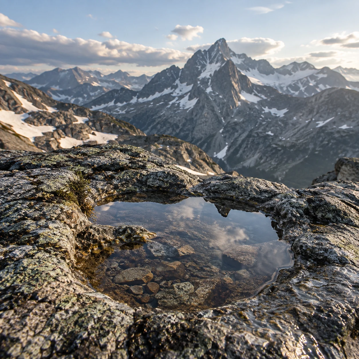 Rainwater pooled in an irregular lichen-covered stone hollow, with submerged gravel and a softly focused mountain range behind.