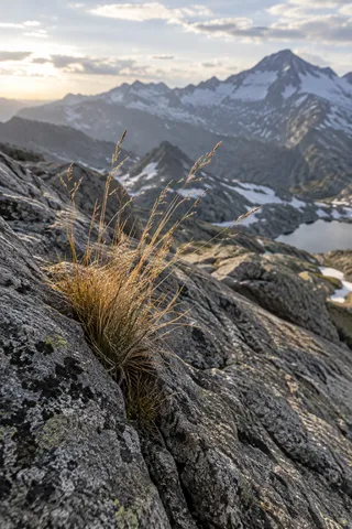 Fine golden grass growing from a dark crack in gray granite, with soft snowy peaks and a small lake beyond.