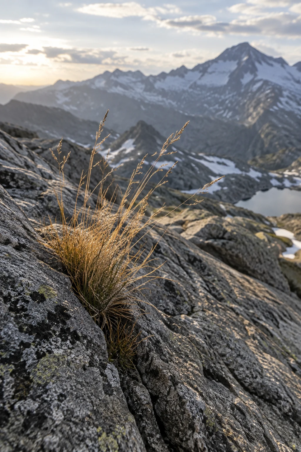 Fine golden grass growing from a dark crack in gray granite, with soft snowy peaks and a small lake beyond.