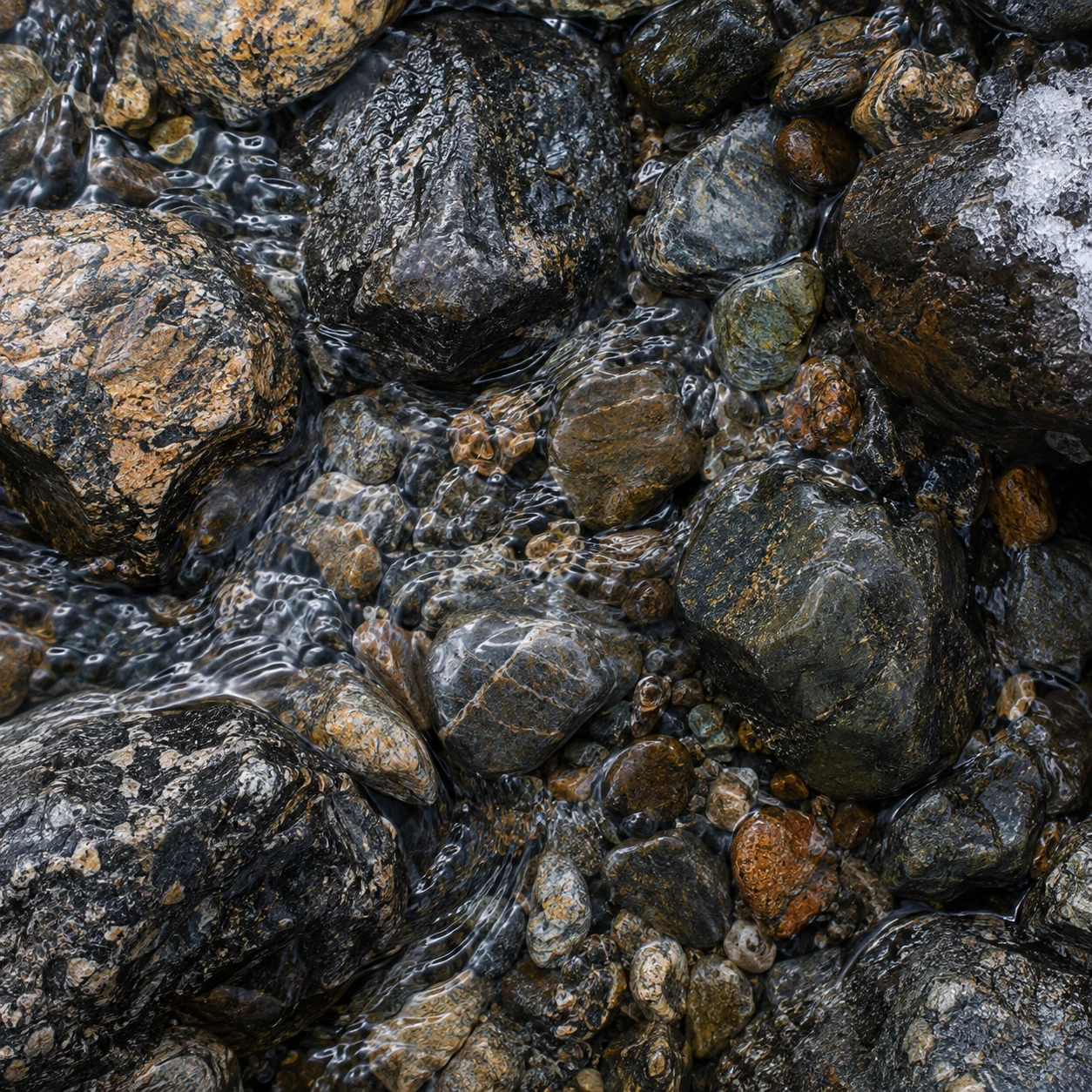 Overhead close view of varied brown and gray pebbles with thin flowing water, bright ripples and a small icy remnant at the upper right.