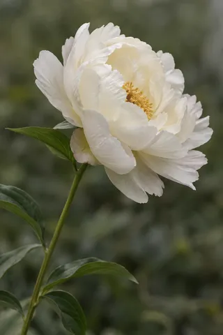 Ivory many-petaled flower with a golden center and green foliage against a softly blurred olive background.