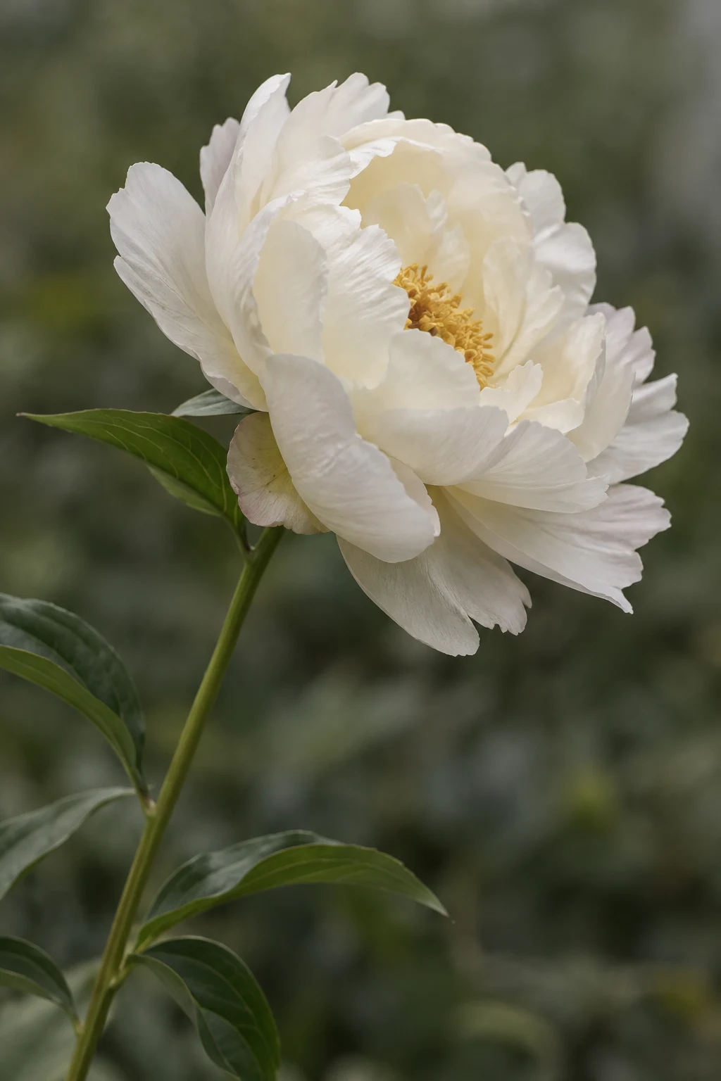 Ivory many-petaled flower with a golden center and green foliage against a softly blurred olive background.