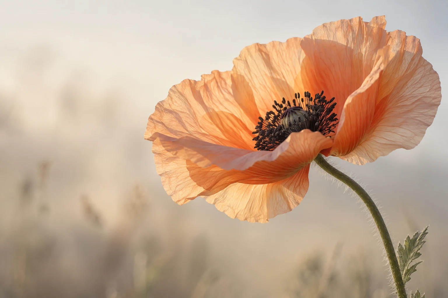 Apricot poppy cup with dark stamens and a green center against softly blurred beige grasses.