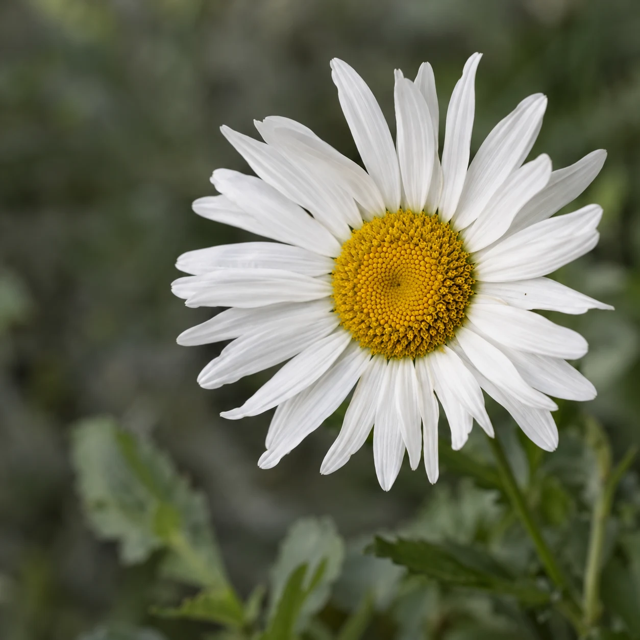 White daisy with an irregular ring of petals, yellow center and soft green leaves.
