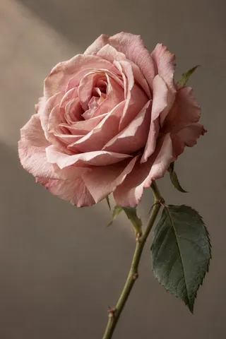 Blush rose on a green stem with a dark leaf against a warm taupe background.