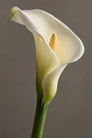 Cream calla with a curled rim and yellow spadix against warm gray.