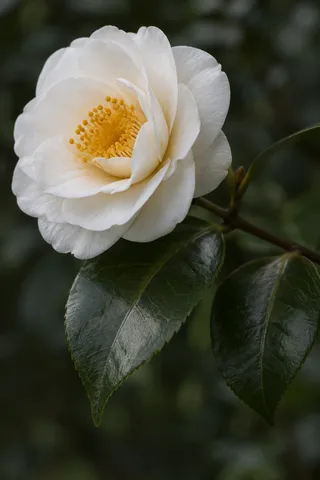 White camellia with yellow stamens and two deep green leaves on a short branch.