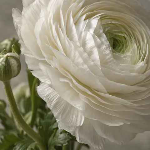 Close white ranunculus with overlapping thin petals and a green center high at the right.