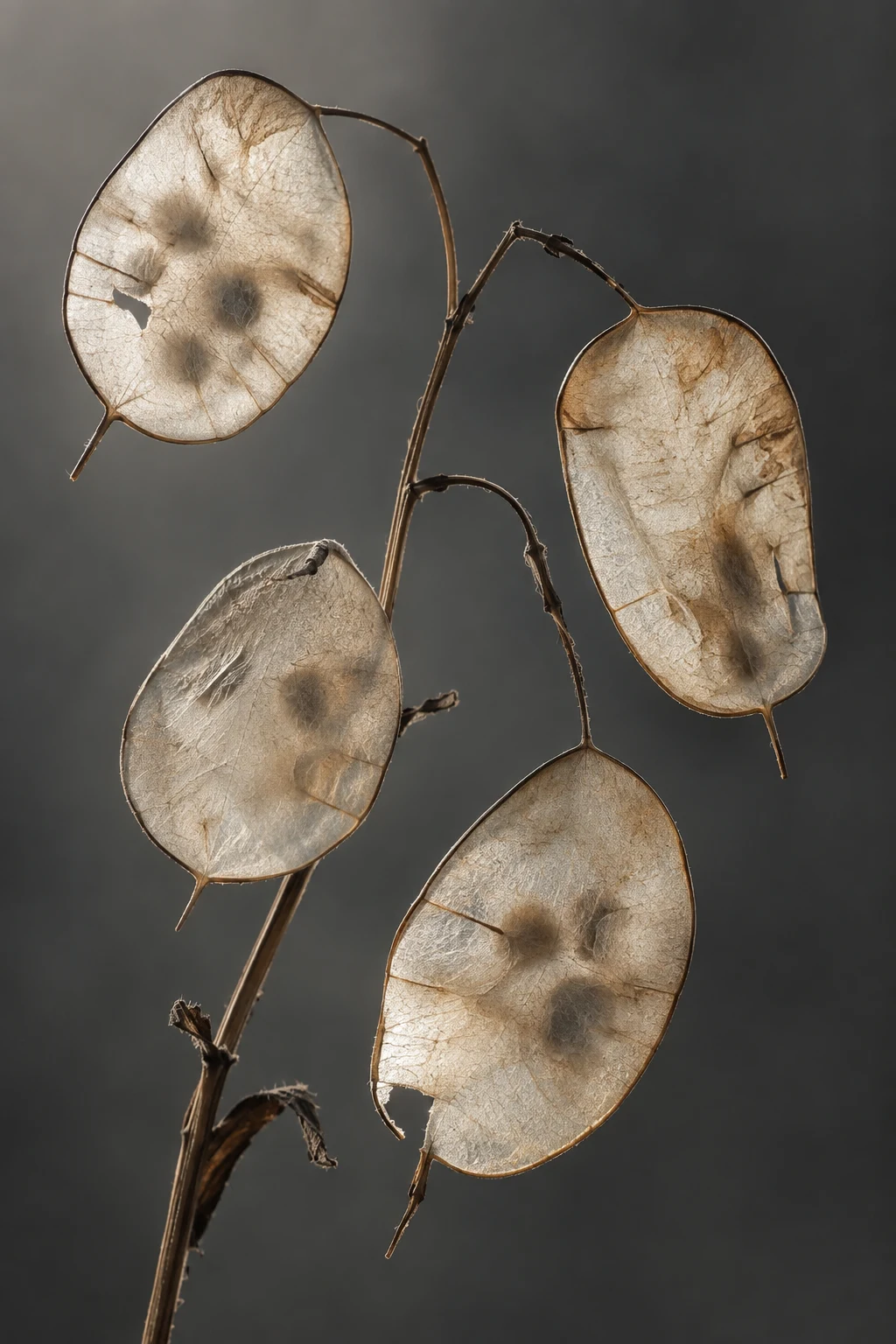 Four translucent tan pods with dark seed shadows, small tears and brown stems.