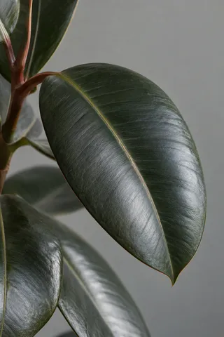 Glossy deep green oval leaf with a pale central rib and reddish leaf stalk.
