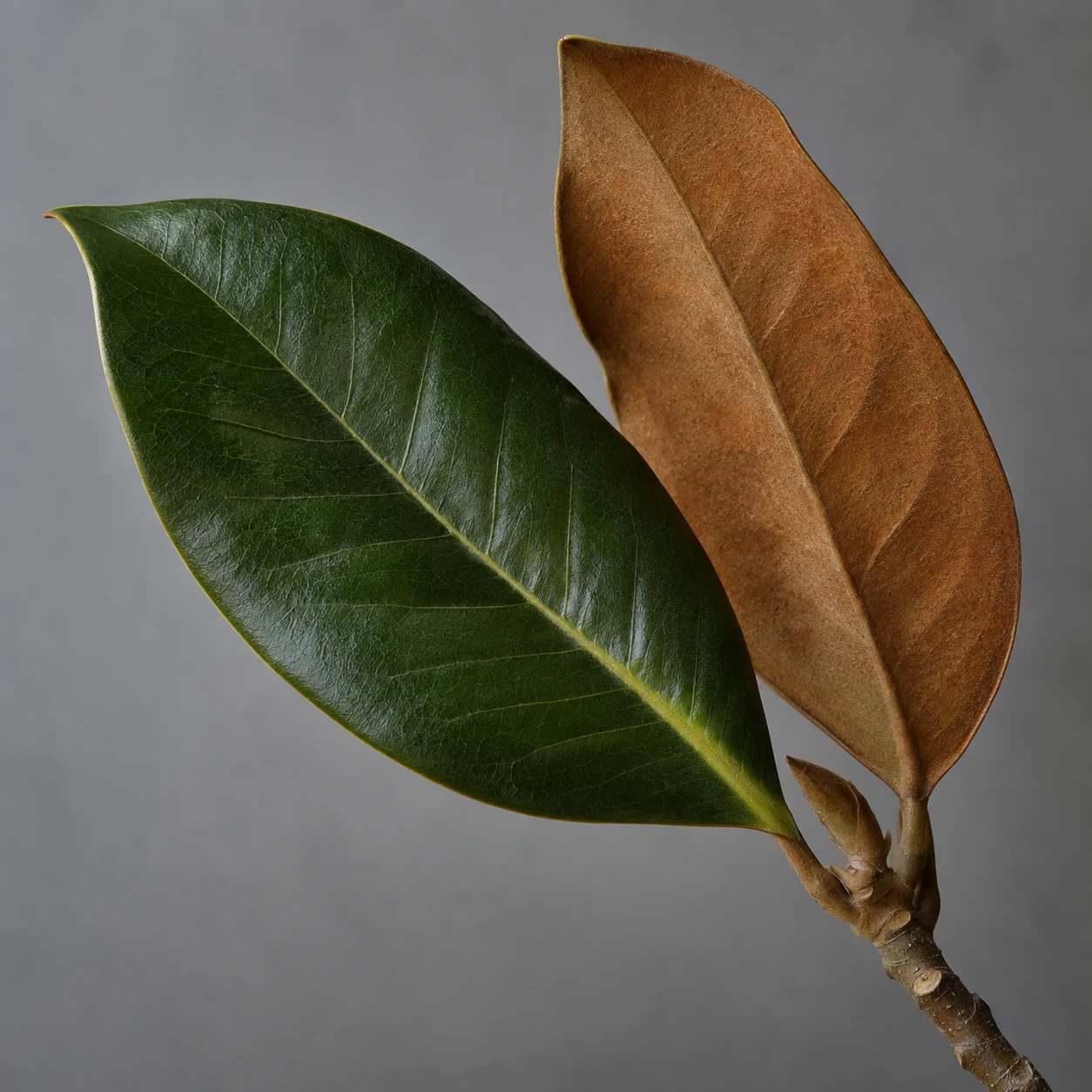 Paired magnolia leaves, one glossy green and one matte russet, on a woody twig.