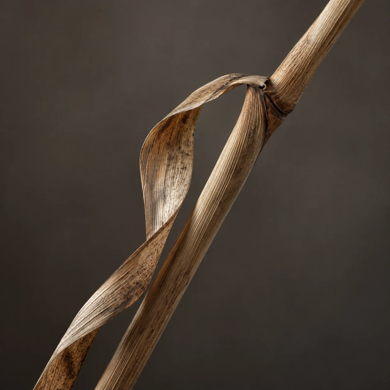 Close golden reed with a curled narrow leaf and dark joint against warm gray.