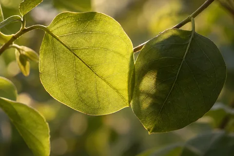 Paired green leaves, one translucent and one shaded, with visible vein networks.