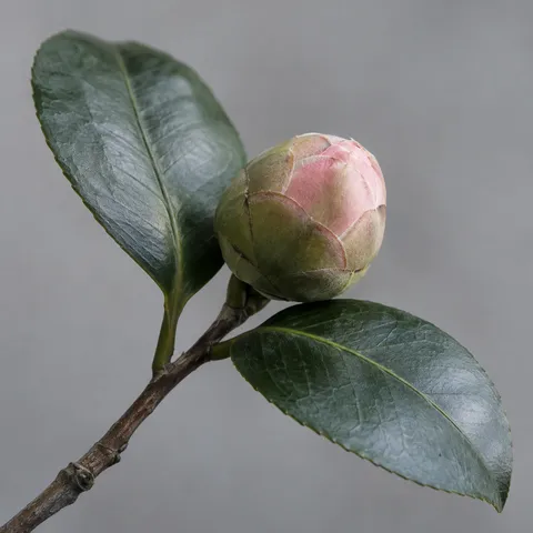 Round pink-green bud enclosed by overlapping scales beside glossy oval leaves.