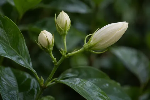 Three closed ivory flower buds of different lengths amid dark green leaves.