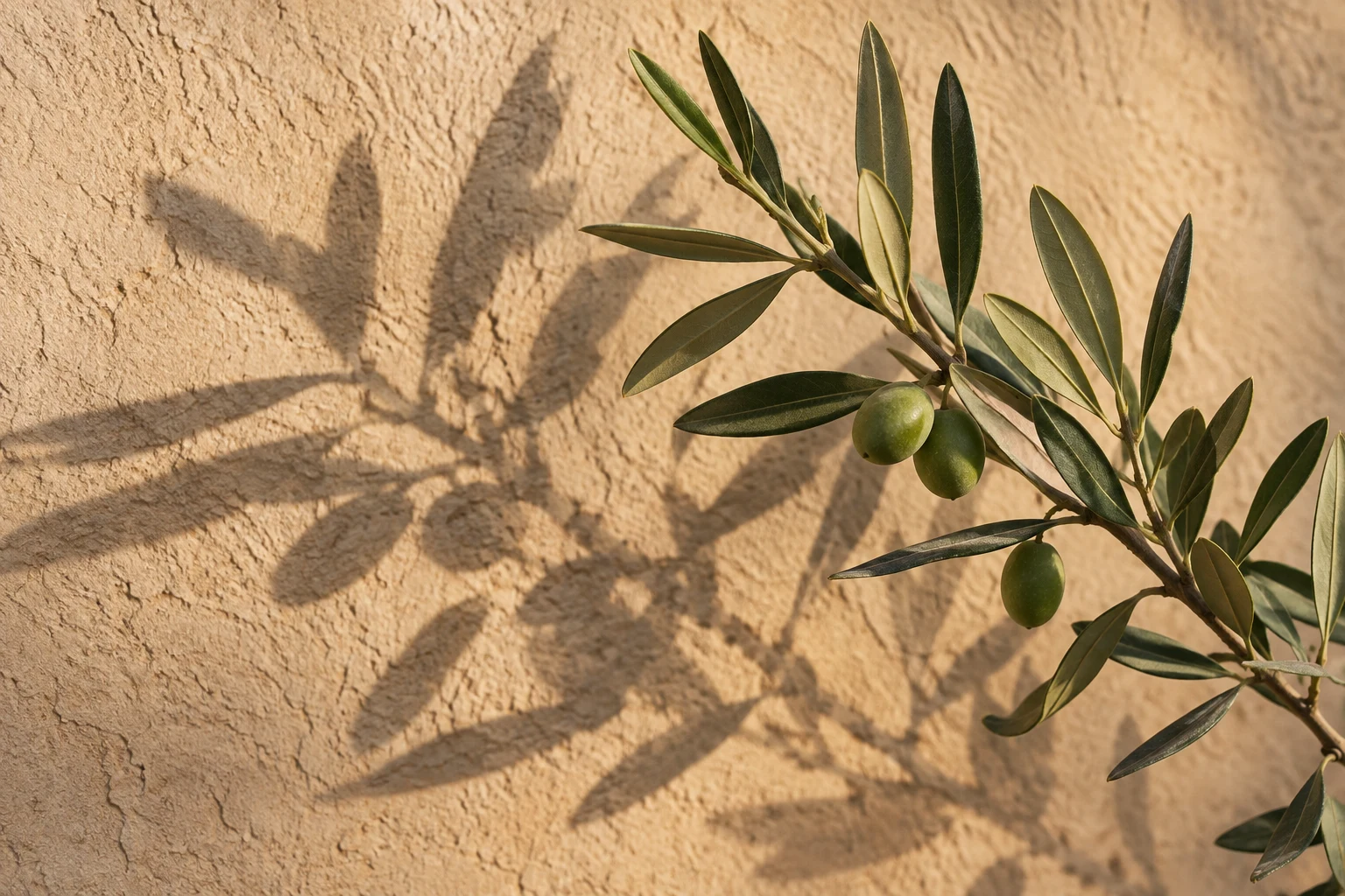 Gray-green olive leaves and three green olives beside a shadow on ochre plaster.