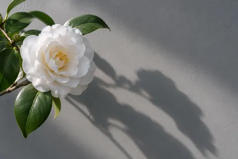 Layered white camellia with green leaves and an extended shadow on gray plaster.