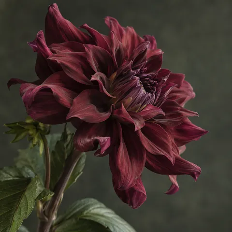 Deep burgundy dahlia with curling petals, a small side bud and green leaves.